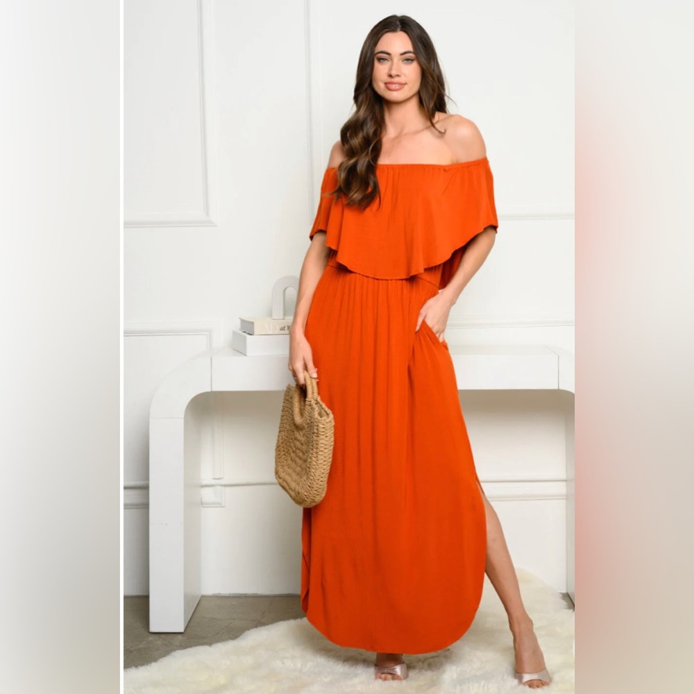 OFF SHOULDER RUFFLE FRONT MAXI DRESS - Picture 2 of 5